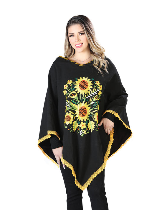 Artisanal Embroidered Poncho 50% Cotton, 50% Polyester Black  603827