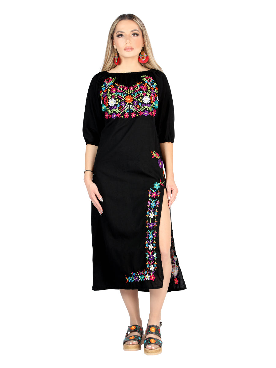 Artisanal Embroidered Dress 100% Cotton Black 604054