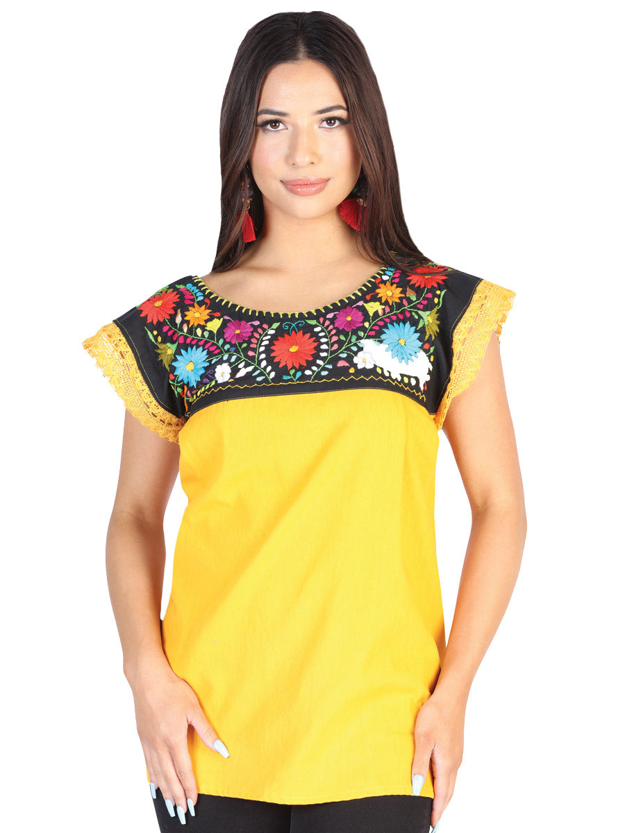 Artisanal Embroidered Blouse 50% Cotton 50% Polyester Yellow  602479